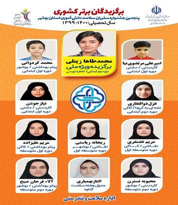 افتخار آفرینی دانش آموزان بوشهری در جشنواره سفیر سلامت افتخار آفرینی دانش آموزان بوشهری در جشنواره سفیر سلامت